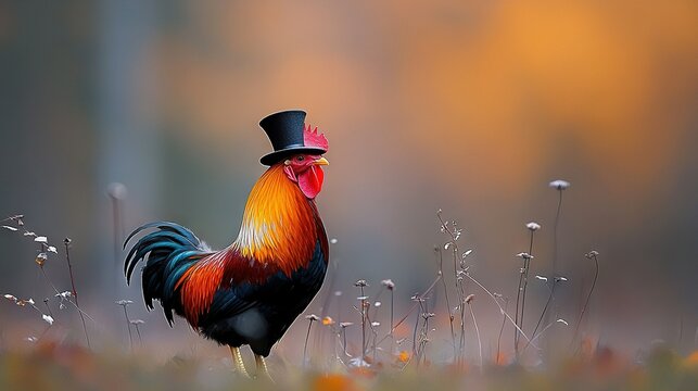   A vibrant rooster dons a top hat, perched amidst towering grasses and blossoming flowers on a hazy day