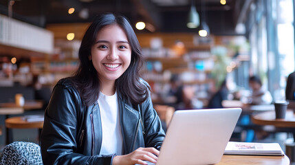Indonesian woman in black leather jacket working with a laptop at library cafe