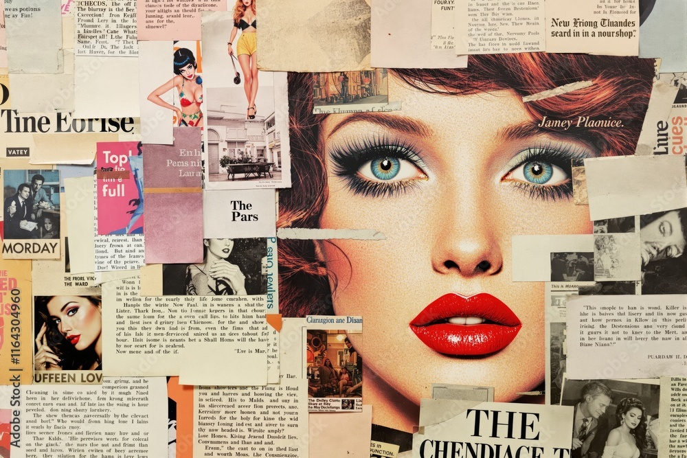 Fototapete collage of retro magazine clippings featuring vibrant illustrations and text snippets on a textured 