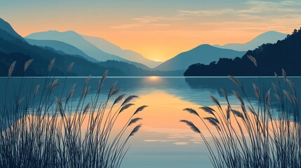 Fototapeta premium Serene sunset over calm lake and mountains.
