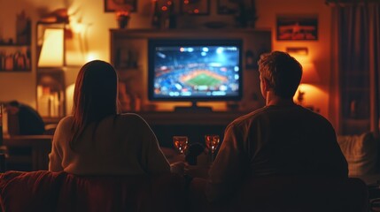 Couple gather living room in evening watch cool football match on television with wine. Family cheers soccer on TV, support favorite team. Sports fans at home bets on victory. Back rear view. Date.