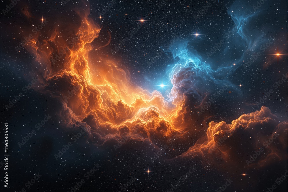 Poster cosmic nebula with vibrant orange and blue clouds surrounded by stars in deep space.