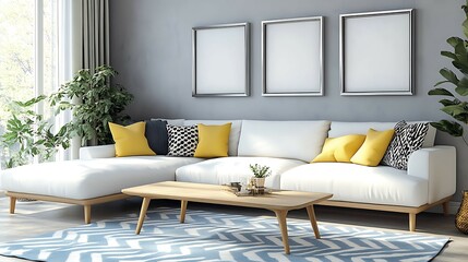 Modern living room interior with white sectional sofa, wooden coffee table, blue rug, and yellow pillows.