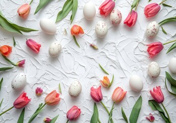 Colorful Tulips and Decorative Eggs Arranged Elegantly on Textured White Background for Spring Celebrations and Seasonal Festivities