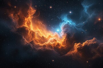 Cosmic nebula with vibrant orange and blue clouds surrounded by stars in deep space.