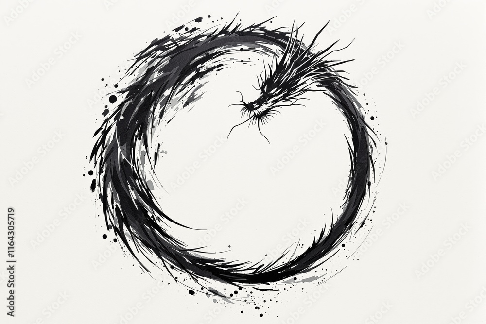 Poster Abstract black ink dragon forming a circular design on a light background.
