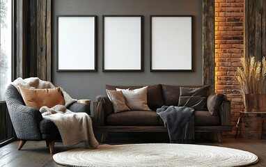 Fototapeta premium Cozy living room with rustic furniture, three blank frames, and warm lighting.
