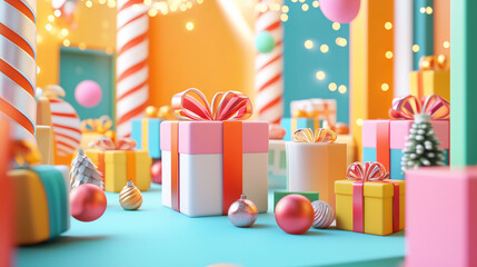 A 3D render of an online shopping portal filled with holiday-themed merchandise, complemented by animated gift boxes and a bright, festive background