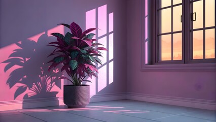 A vibrant, 3D-rendered interior scene featuring a stylized, magenta-colored room with a potted, deep purple and green foliage plant, casting vibrant shadows. Gradient purple studio room background