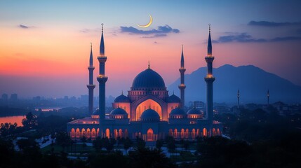 Obraz premium Illuminated mosque at sunset with crescent moon.