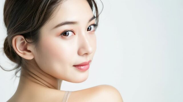 肩越しに振り返る肌の綺麗な日本人女性（白背景・背景なし・肩こり・スマホ首）	
