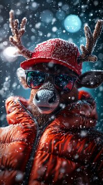 Cartoon reindeer in red baseball cap and puffer jacket, with sunglasses, rapping in a snowy urban winter vibe