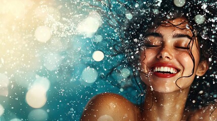 Fototapeta premium A woman smiles with her eyes closed and hair flying under a shower of water