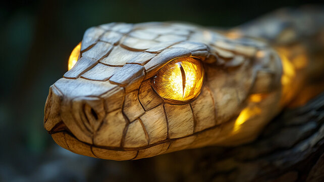 Close up of a wooden snake head with glowing eyes reflecting lights. 