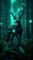 Fototapeta premium Futuristic robotic deer with glowing antlers, metallic plating, and vibrant neon lights in a mystical forest setting
