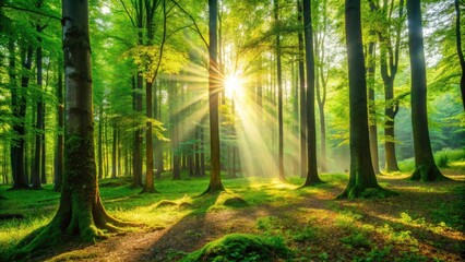 Obraz premium Enchanting Sunlight Filtering Through Forest Trees, A Serene Natural Landscape with Vibrant Greenery and Soft Light for Tranquil Backgrounds and Nature-Themed Projects