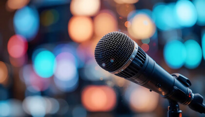 Obraz premium Dramatic close-up of a professional microphone in focus with a colorful blurred background representing performing arts, live events, and creativity in entertainment settings.