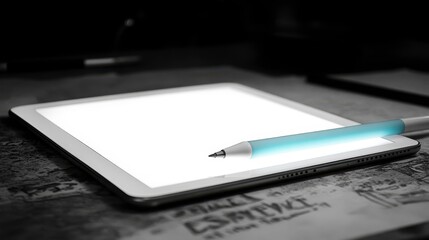 Creative digital writing process modern workspace tablet and pen tech environment close-up digital artistry