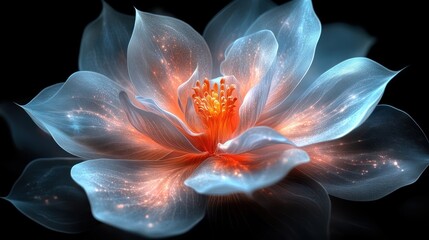 Glowing translucent blue flower with orange center on black background.