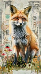 Obraz premium Majestic Red Fox Amidst Dollar Bills and Flowers
