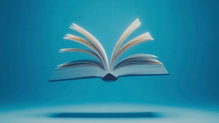 Floating open book abstract concept digital art blue background elevated viewpoint knowledge exploration