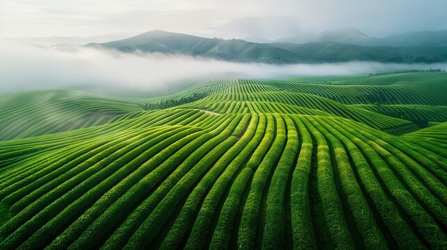   An aerial view of a lush green field with majestic mountains in the backdrop and misty fog rising above the cloudline