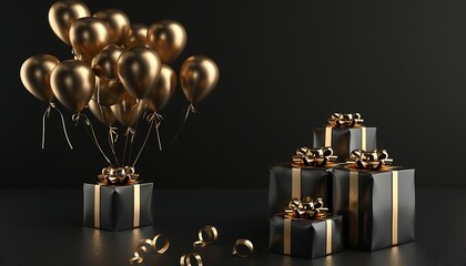 golden balloons and gift boxes on black background. 3d rendering