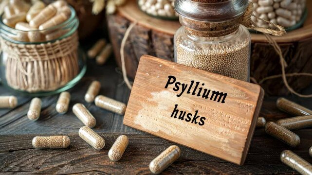 Psyllium husks in powder and capsules. Selective focus. food.