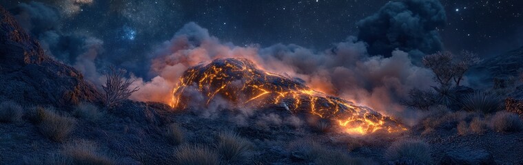 Glowing Lava Flowing Down a Nighttime Mountainside