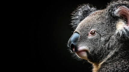 Obraz premium A close-up of a koala's face with wide-open eyes on a black background