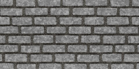 Brick wall with gray rectangular bricks arranged in a staggered pattern. The bricks have a non-uniform texture with various shades of gray. The joints between the bricks are filled with dark mortar