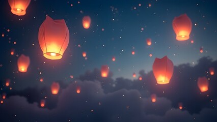 Birthday banner. A magical birthday-themed background featuring glowing floating lanterns drifting across a serene night sky.