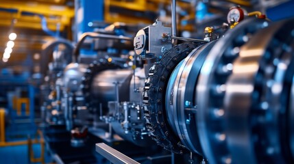Fototapeta premium An intricate assembly of machinery is displayed in a contemporary manufacturing environment. The focus is on the detailed components, highlighting the innovation of engineering