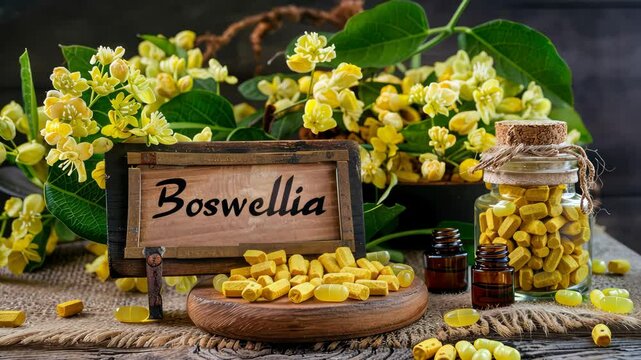Boswellia and supplement capsules. Selective focus. nature.