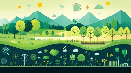 Colorful landscape showcases a variety of trees and plants amidst mountains and sun. The design emphasizes the beauty of nature and environmental elements, perfect for educational use