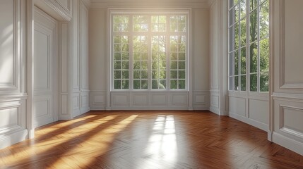 Fototapeta premium A bright, empty room with large windows and wooden flooring, inviting natural light.