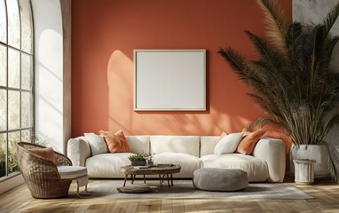 Sunlit living room with beige sofa, terracotta wall, and large window.