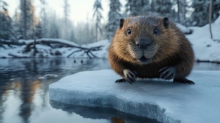 Obraz premium A Curious Beaver on a Winter Ice Floe