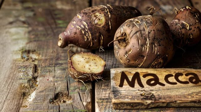 Peruvian maca and supplement capsules. Selective focus. nature.