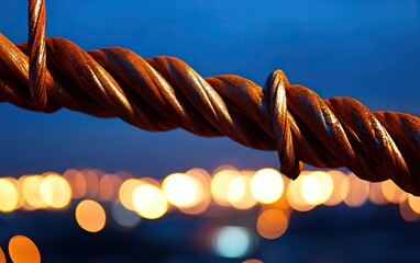 A close-up of a twisted metal cable against a blurred background of soft, glowing lights, capturing a mix of industrial strength and artistic beauty.