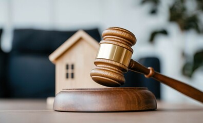A gavel rests on a wooden block beside a miniature house, symbolizing law, justice, and real estate.