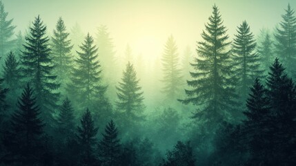 Obraz premium Misty evergreen forest at sunrise.