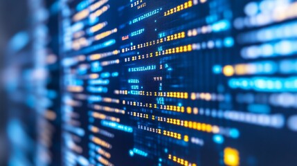 Abstract Data Visualization with Bright Binary Code Patterns on a Dark Background, Representing Digital Technology and Information Processing Concepts
