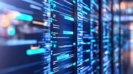 Abstract Data Visualization with Digital Code Patterns in Neon Blue and Black, Representing High-Tech Systems and Advanced Computing Environments