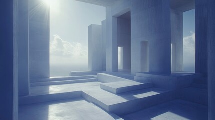 Fototapeta premium Abstract architectural structure in ethereal blue environment digital art minimalist design serene view