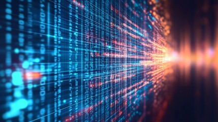 Abstract digital background with glowing data streams, vibrant light patterns, and binary code elements creating a futuristic technological atmosphere in motion.