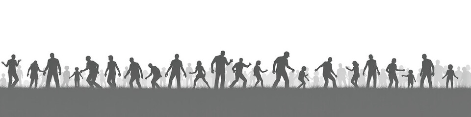 Silhouetted figures of people interacting in a grassy landscape, representing community and connection.