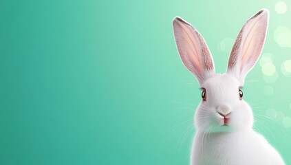 Fototapeta premium Cute White Rabbit with Large Ears and Bright Eyes Against a Soft Mint Green Background with Bokeh Highlights for Creative Projects and Designs