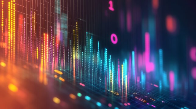 Abstract digital background with vibrant colors and binary code representing data flow and technology, featuring bars of light symbolizing analytics and information processing