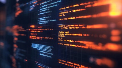 Abstract digital code floating on a dark background with glowing orange and blue lines, representing advanced technology and innovation in programming and data processing